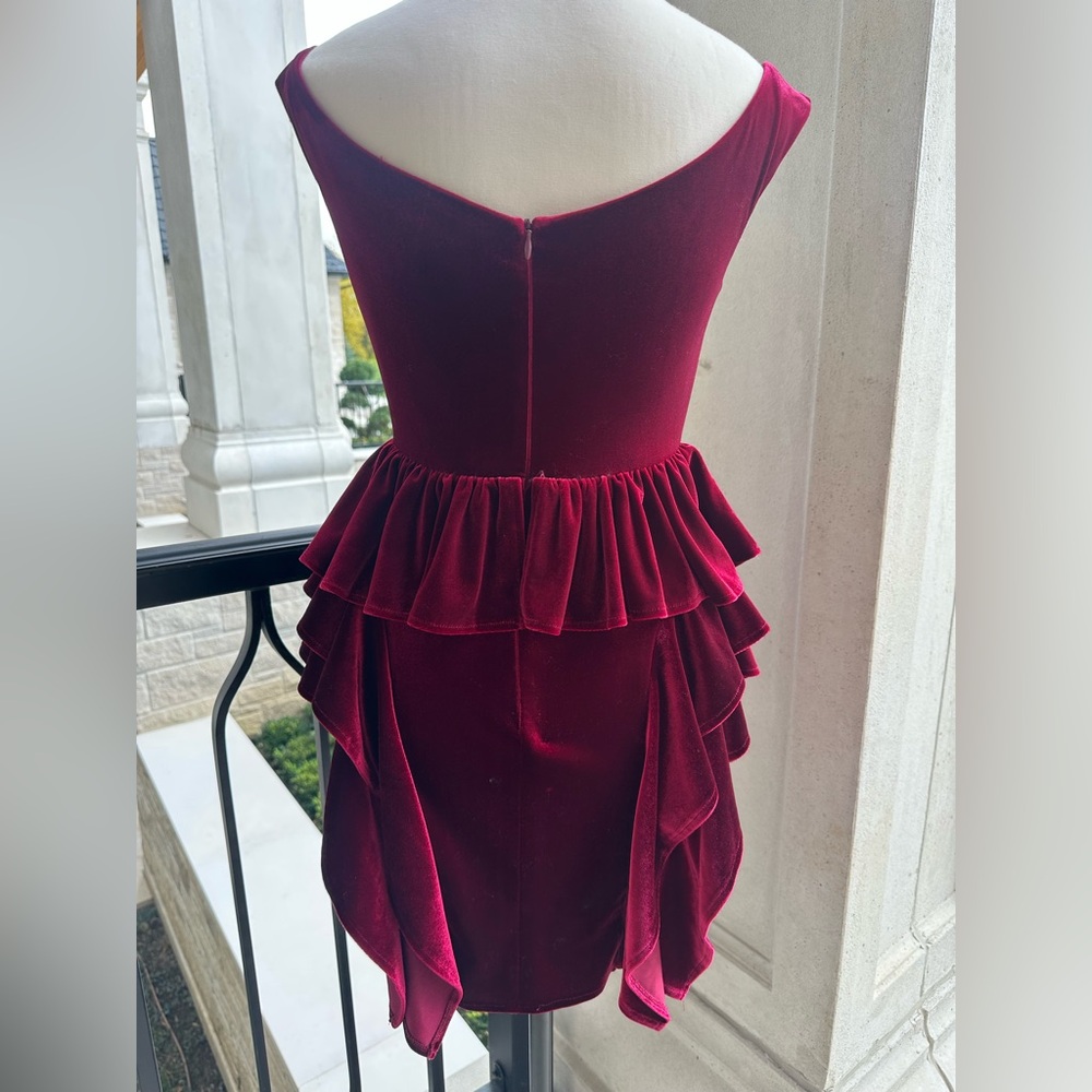 ASOS Red Velvet V Neck Peplum Ruffle Mini Dress (Size 4) - Picture 5 of 11